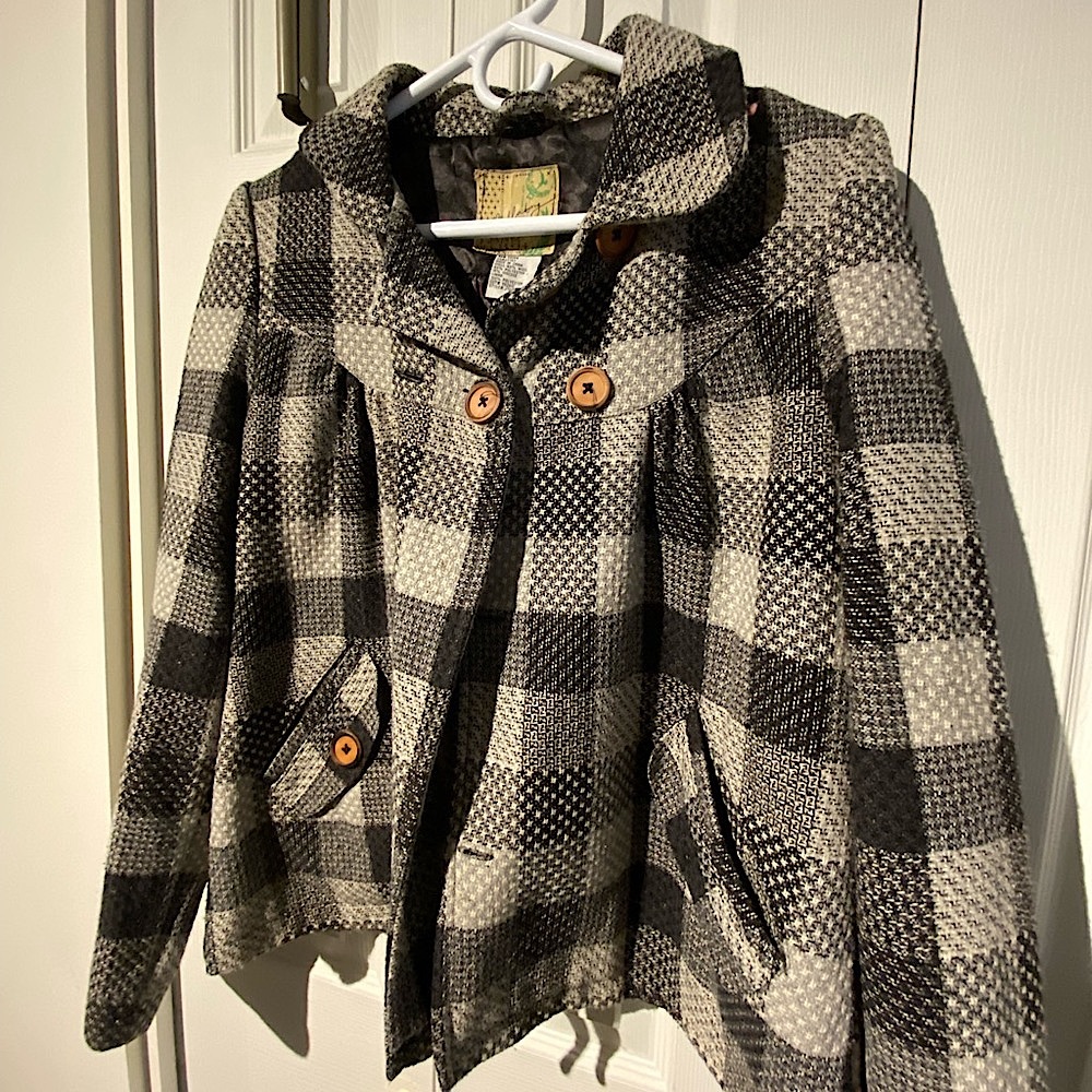 Billabong, grey plaid pea coat. Medium